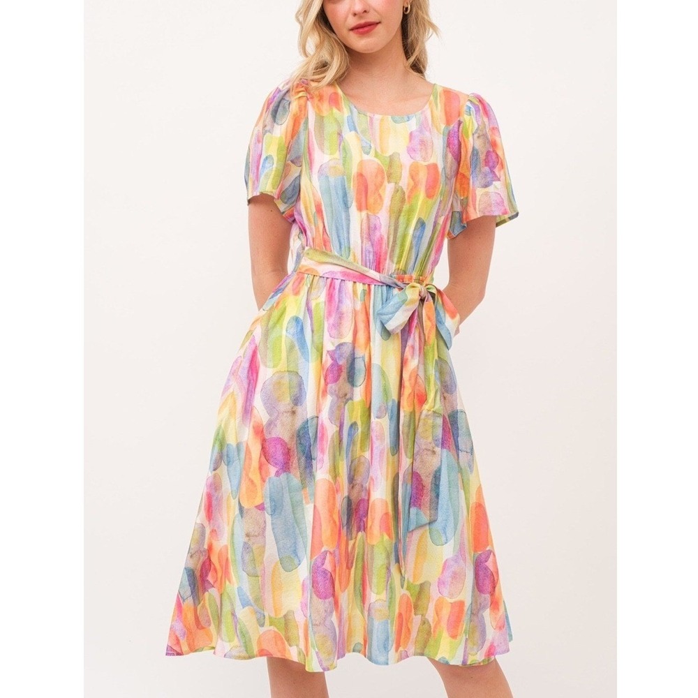 D153. Abstract Watercolor Print Midi‎ Dress Elastic Waist Tie Belt